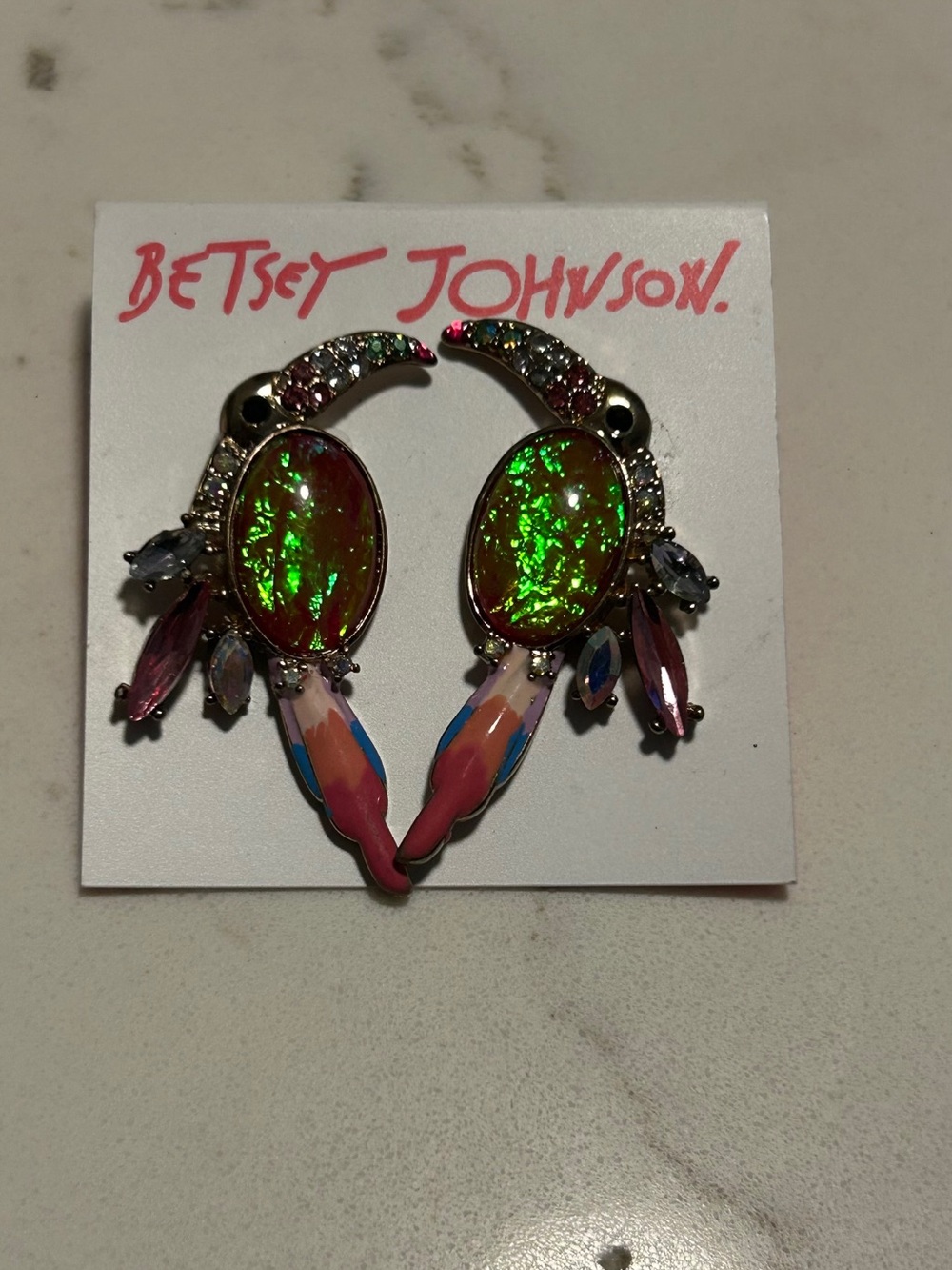 Betsey Johnson Multicolor Parrot Drop Earrings with Green Iridescent Centers